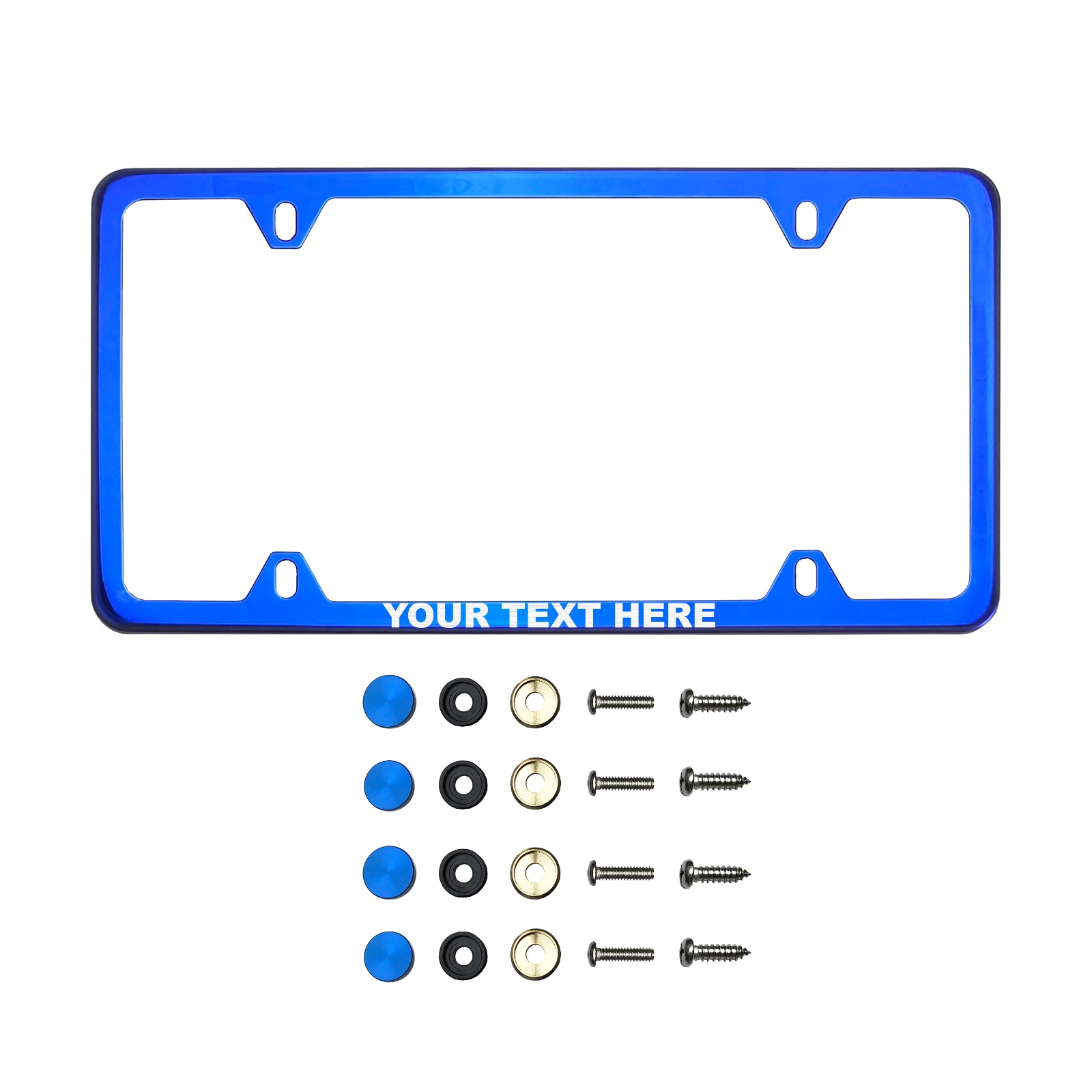 Frame Ai Laser Etching Customize Four Hole Slim Version Blue Chrome Mirror License Plate Frame T304 Stainless Steel + Metal Screw Caps