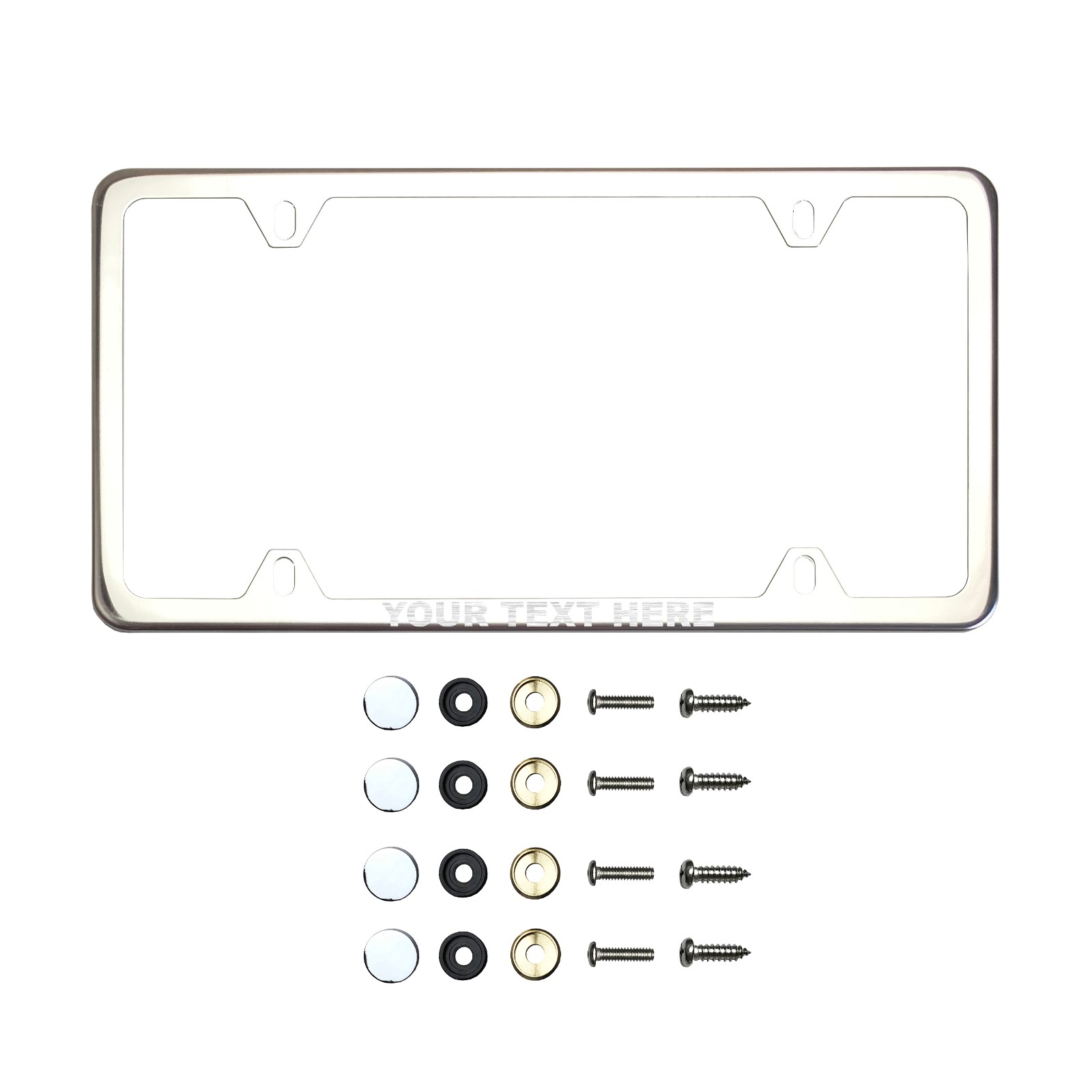 Frame Ai Laser Etching Customize Four Hole Slim Version Chrome Polish Mirror License Plate Frame T304 Stainless Steel + Metal Screw Caps