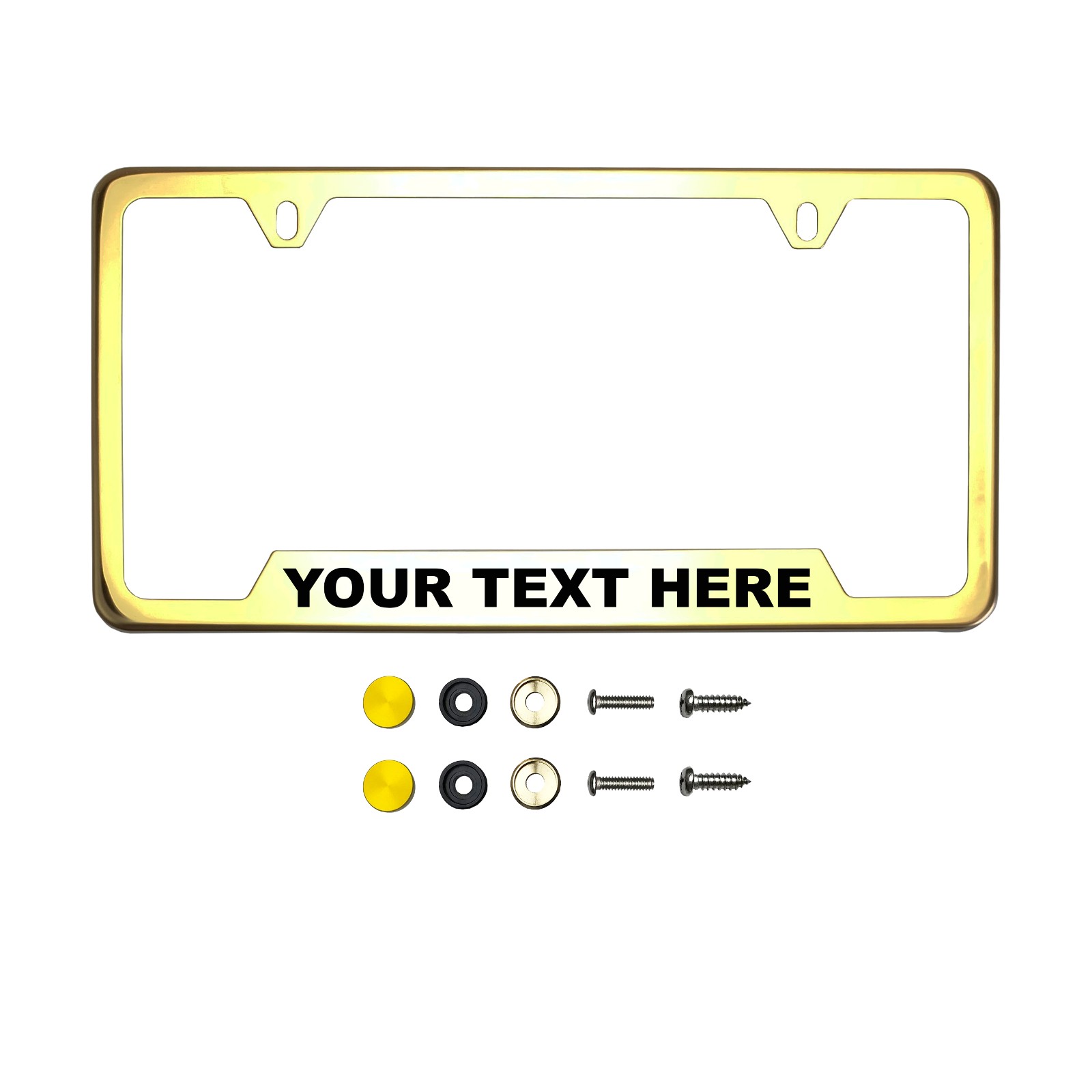 FrameAi Laser Etching Customize Black Lettering bottom Corner Cut Out Version Gold Chrome Polish Mirror License Plate Frame T304 Stainless Laser Etching Customize nless Steel + Metal Screw Caps