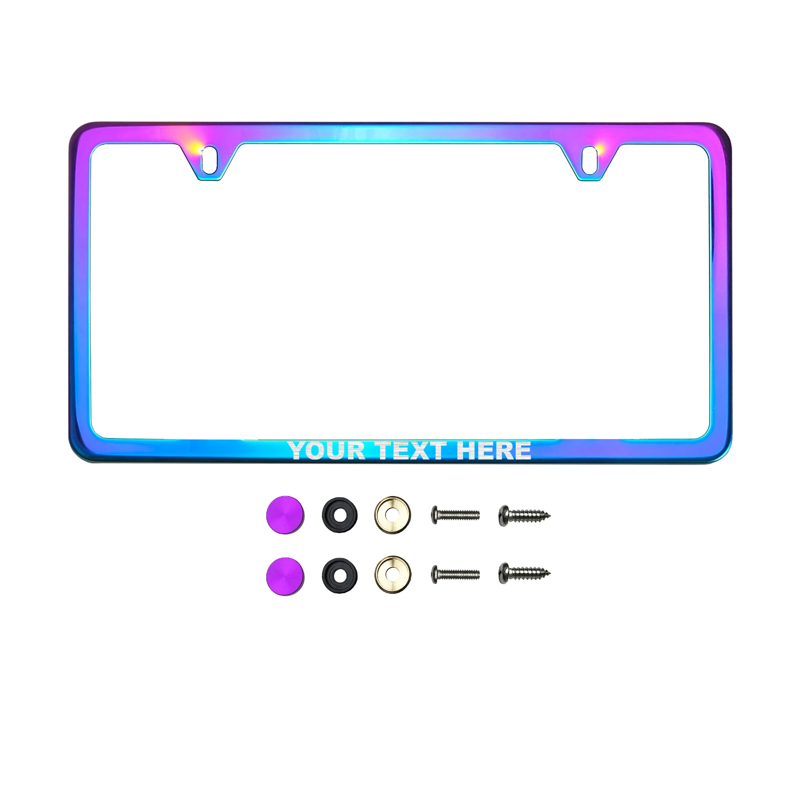 Frame Ai Laser Etching Customize Laser Etching Customize Two Hole Slim Version Neon Neo Chrome Mirror License Plate Frame T304 Stainless Steel + Metal Screw Caps