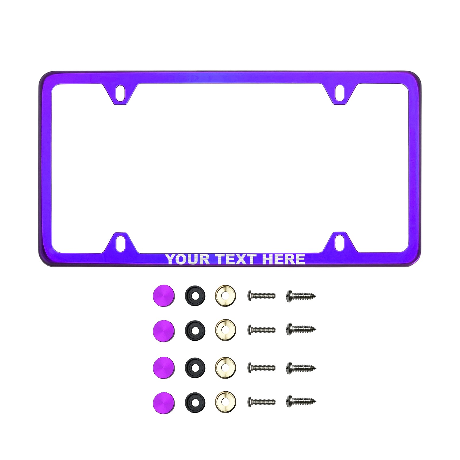 Frame Ai Laser Etching Customize Four Hole Slim Version Purple Chrome Mirror License Plate Frame T304 Stainless Steel + Metal Screw Caps