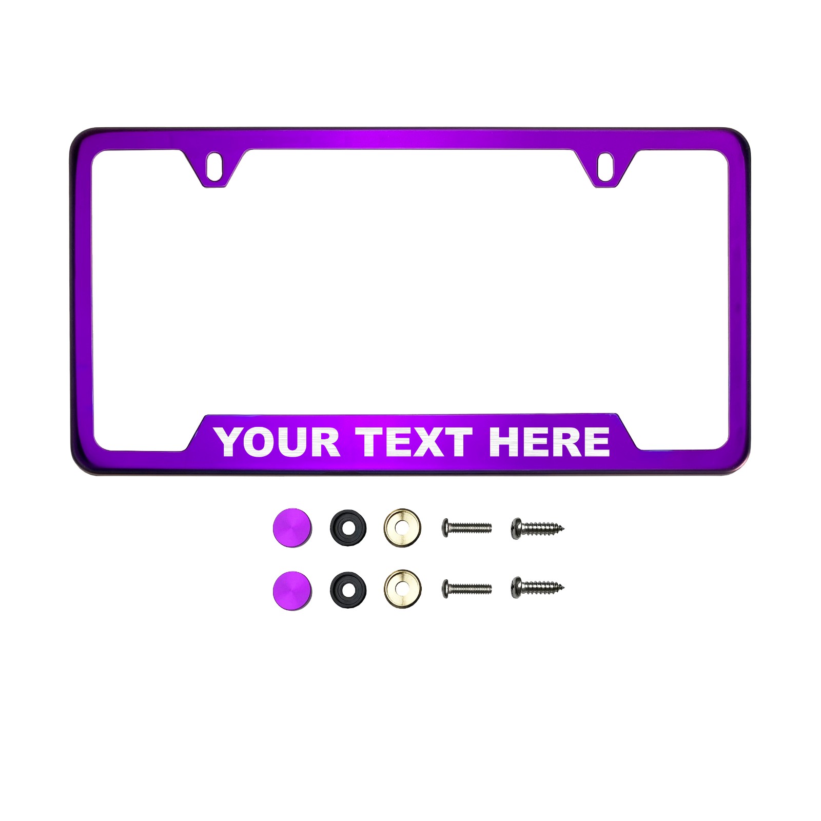 FrameAi Laser Etching Customize bottom Corner Cut Out Version Purple Chrome Mirror License Plate Frame T304 Stainless Laser Etching Customize nless Steel + Metal Screw Caps