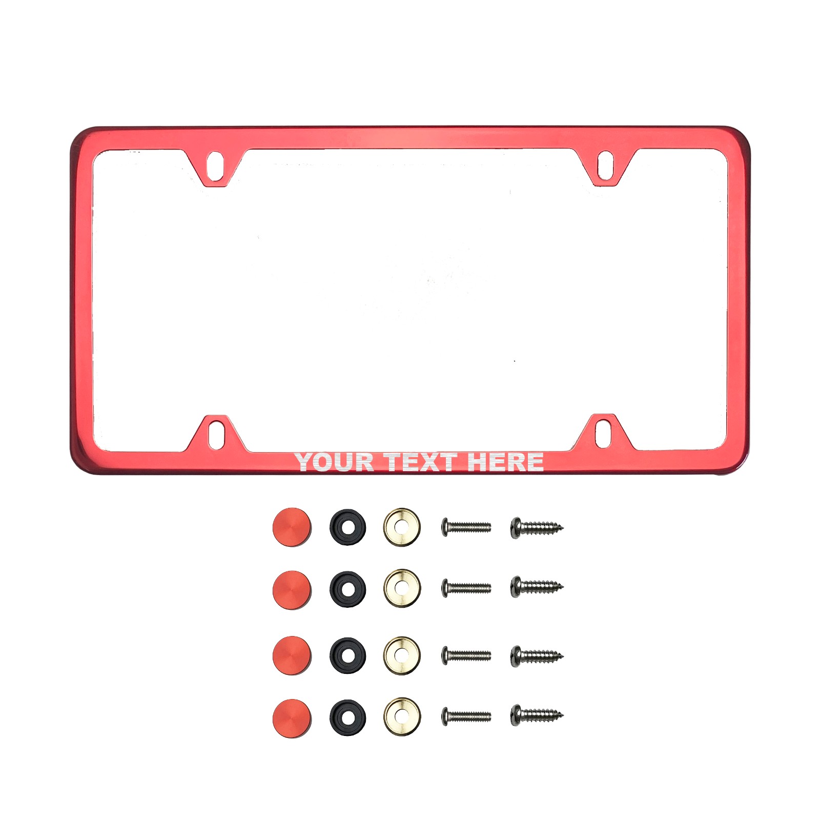 Frame Ai Laser Etching Customize Four Hole Slim Version Red Chrome Mirror License Plate Frame T304 Stainless Steel + Metal Screw Caps
