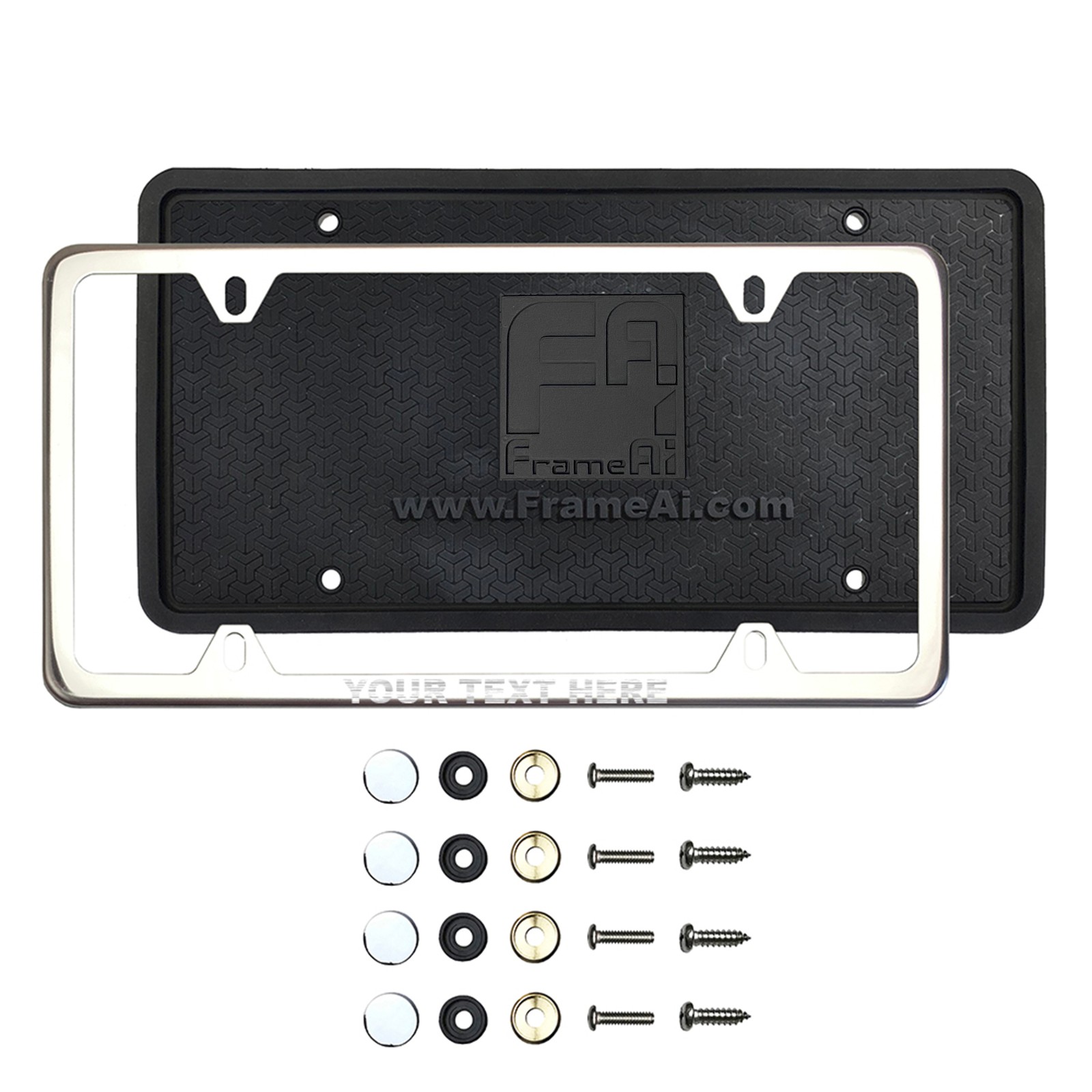 FrameAi Laser Etching Customize Four Hole Slim Version Chrome Polish Mirror License Plate Frame Compatible with GMC Savana T304 Stainless Steel + Metal Screw Caps