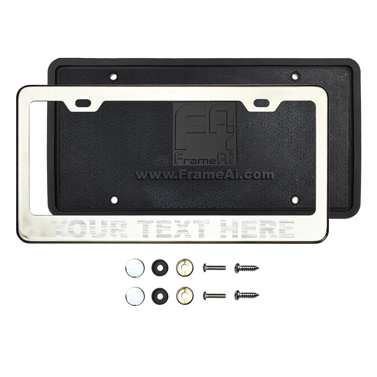 FrameAi Laser Etching Customize Chrome Polish Mirror License Plate Frame Compatible with GMC Sierra T304 Stainless Steel + Metal Screw Caps