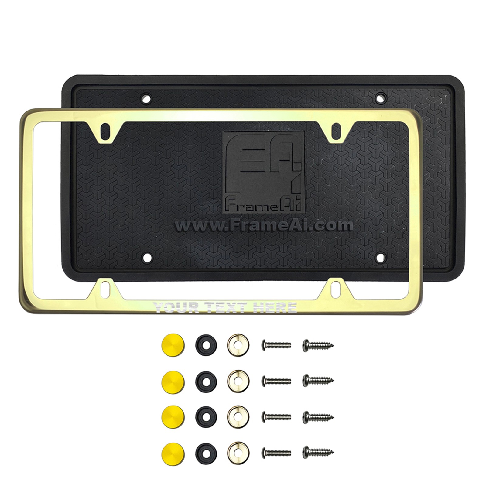 FrameAi Laser Etching Customize Four Hole Slim Version Gold Chrome Polish Mirror License Plate Frame Compatible with GMC Sierra T304 Stainless Steel + Metal Screw Caps