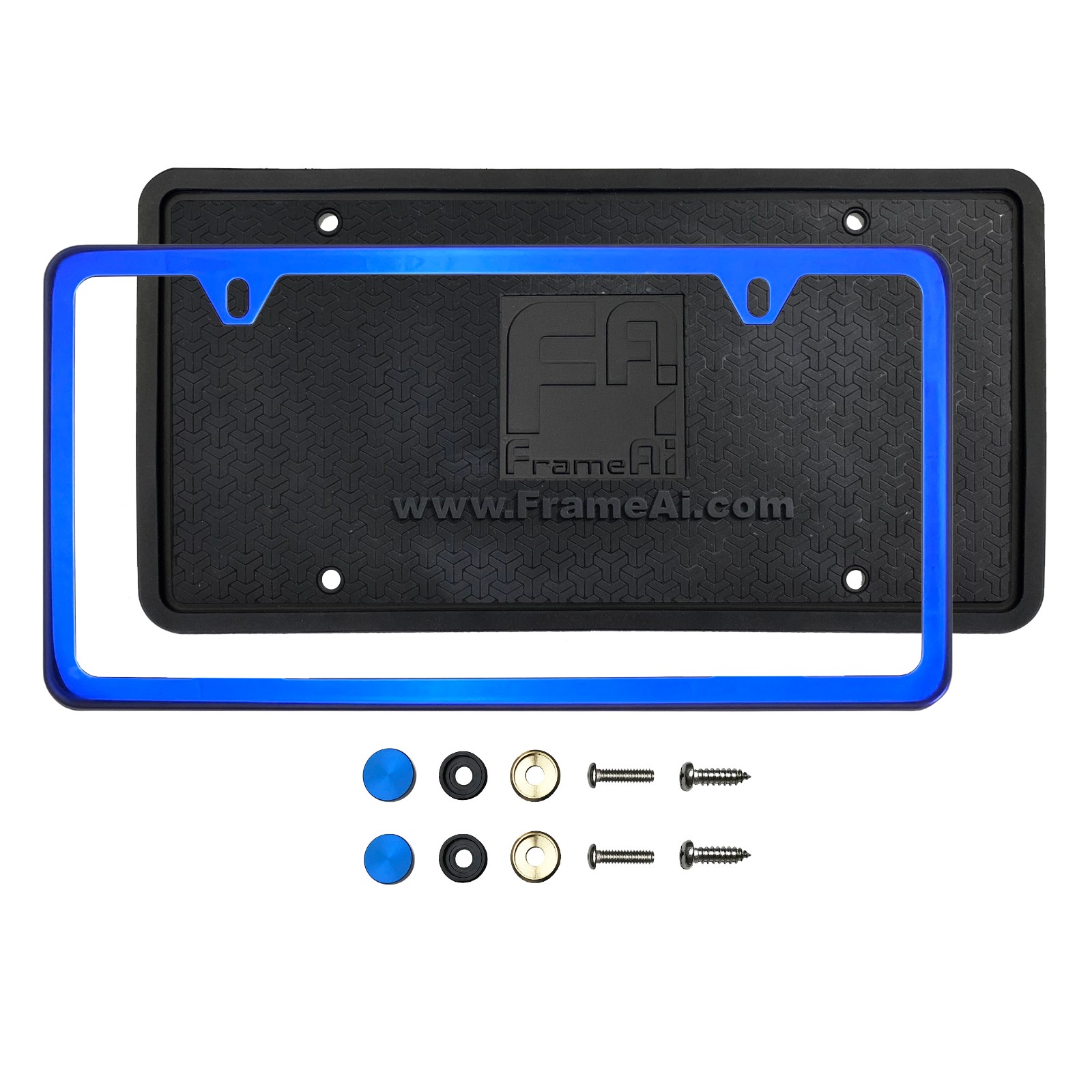 Silicone back Guard Two Holes Slim license plate holder Blue Chrome Mirror License Plate Frame T304 Stainless Steel + Metal Screw Caps