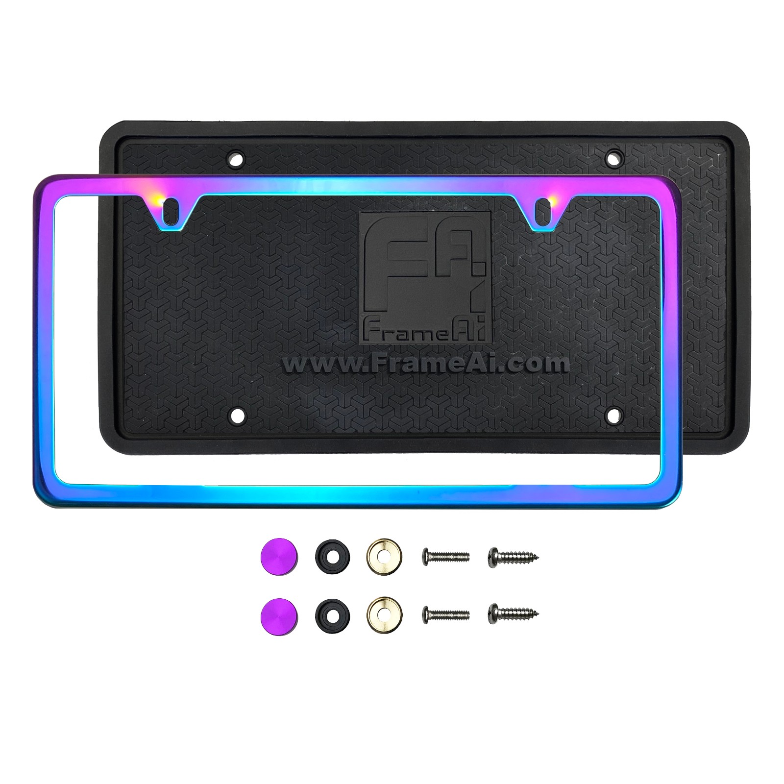 Silicone back Guard Two Holes Slim license plate holder Neon Neo Chrome Mirror License Plate Frame T304 Stainless Steel + Metal Screw Caps
