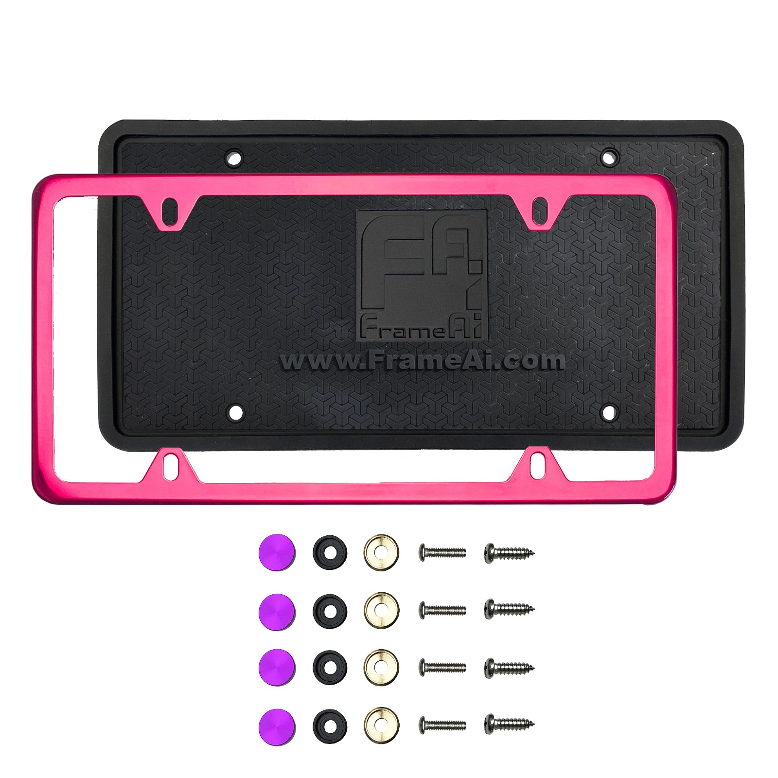 Silicone back Guard Four Holes Slim license plate holder Raspberry Pink Chrome License Plate Frame T304 Stainless Steel + Metal Screw Caps