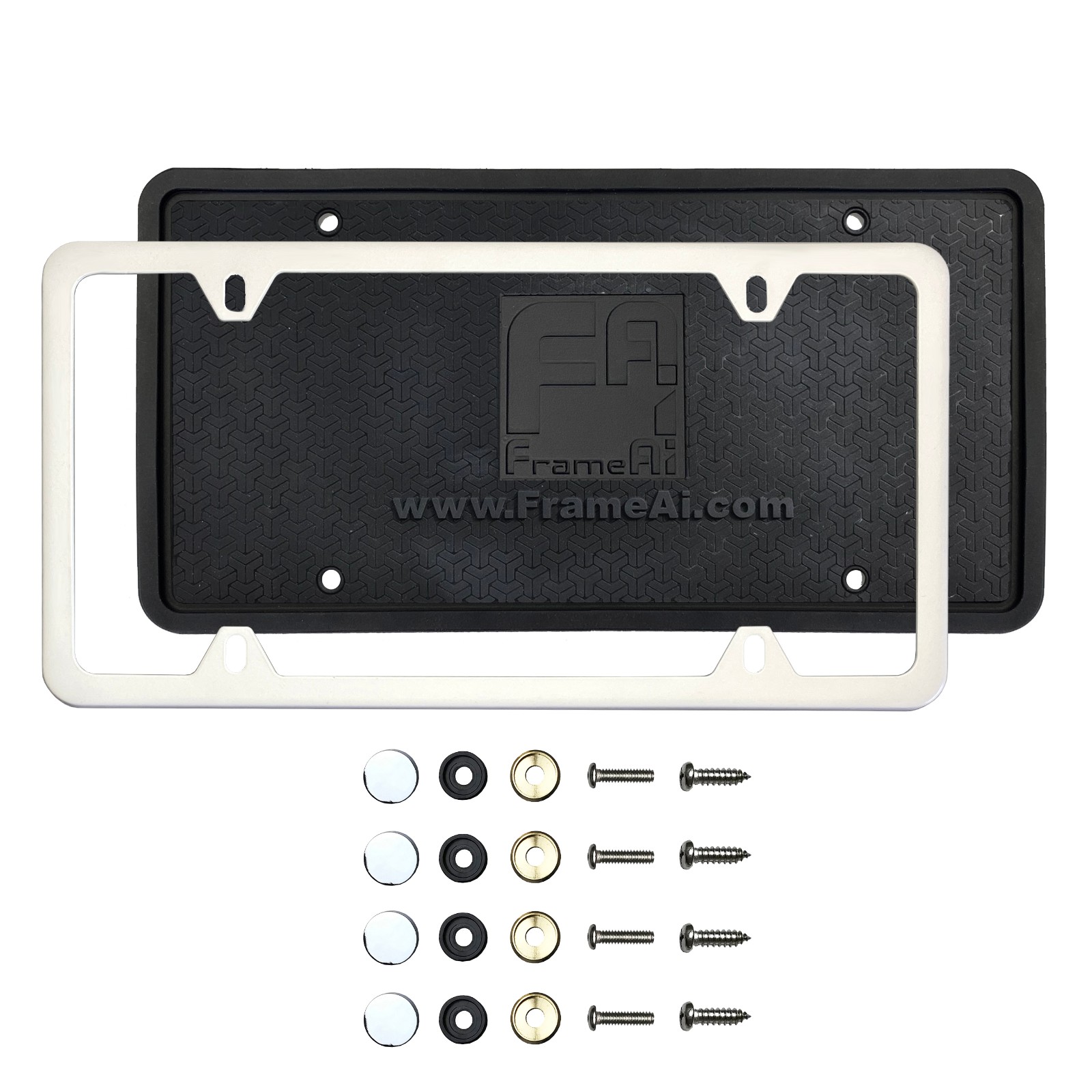 Silicone back Guard Four Holes Slim license plate holder Matte Flat White License Plate Frame T304 Stainless Steel + Metal Screw Caps