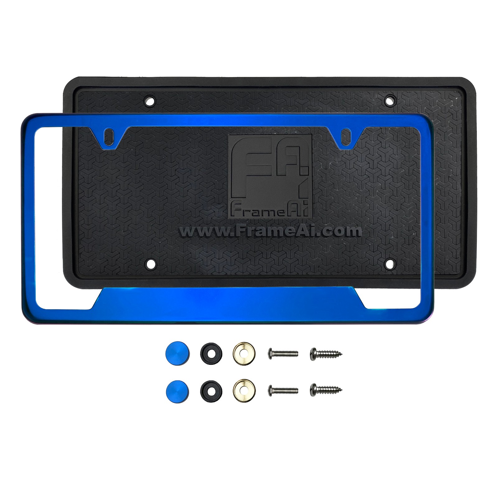 Silicone back Guard Bottom Cut Out license plate holder Blue Chrome Mirror License Plate Frame T304 Stainless Steel + Metal Screw Caps
