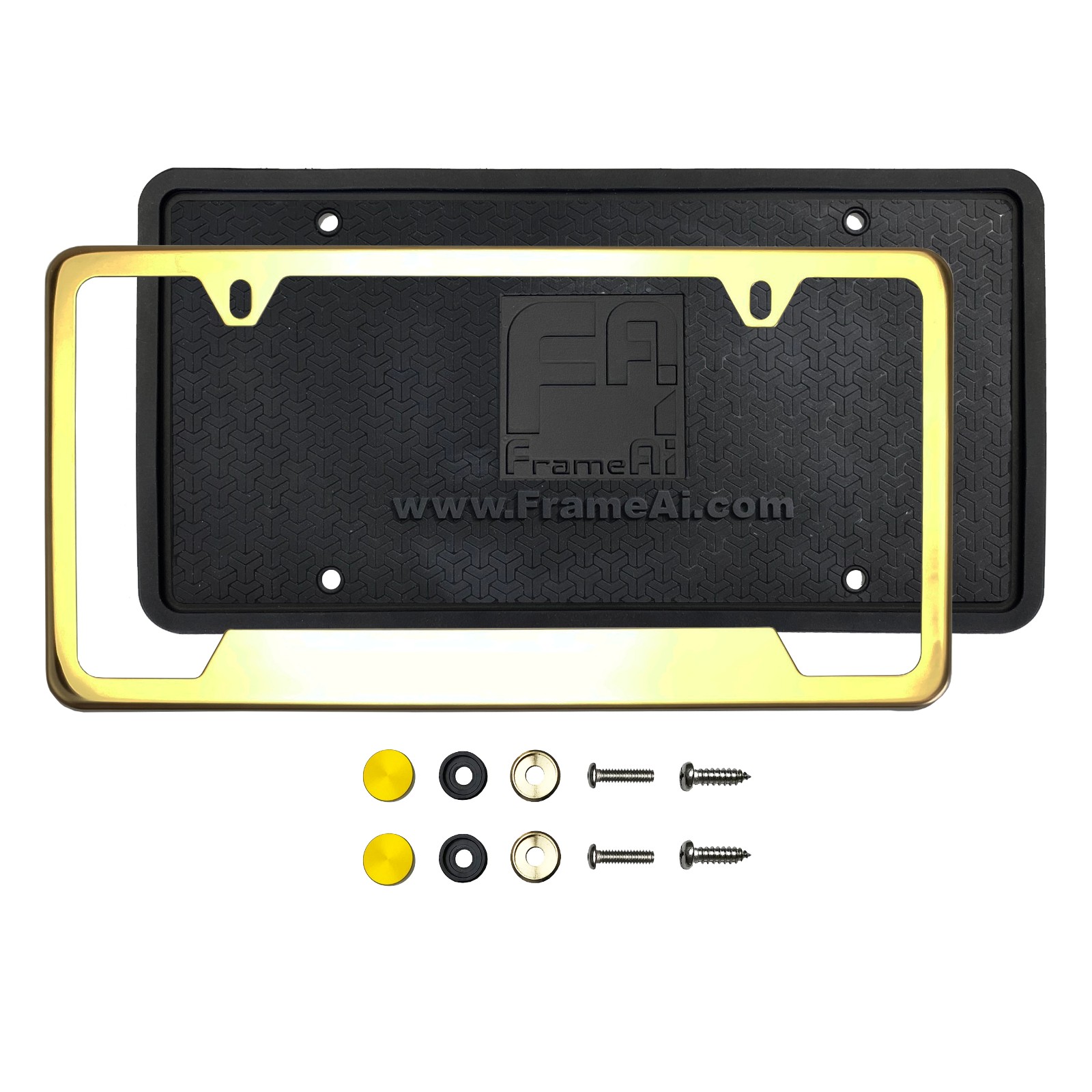 Silicone back Guard Bottom Cut Out license plate holder Gold Chrome Polish Mirror License Plate Frame T304 Stainless Steel + Metal Screw Caps