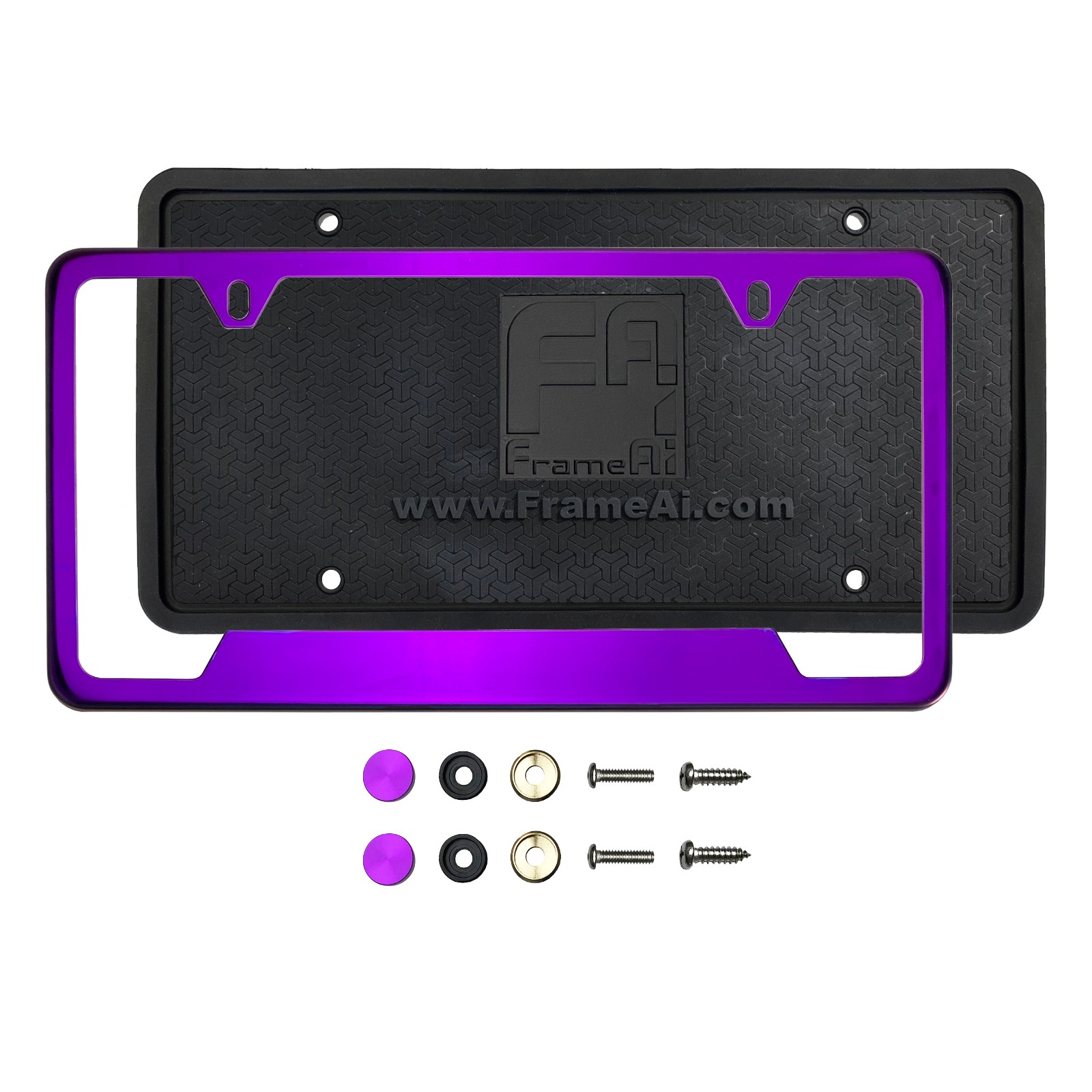 Silicone back Guard Bottom Cut Out license plate holder Purple Chrome Mirror License Plate Frame T304 Stainless Steel + Metal Screw Caps