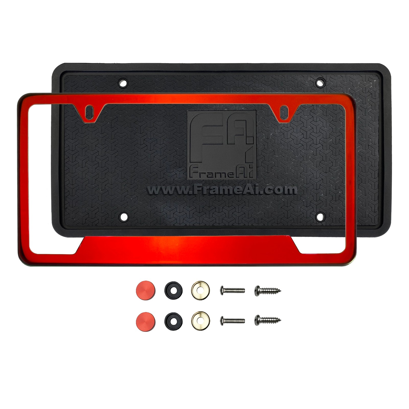 Silicone back Guard Bottom Cut Out license plate holder Red Chrome Mirror License Plate Frame T304 Stainless Steel + Metal Screw Caps
