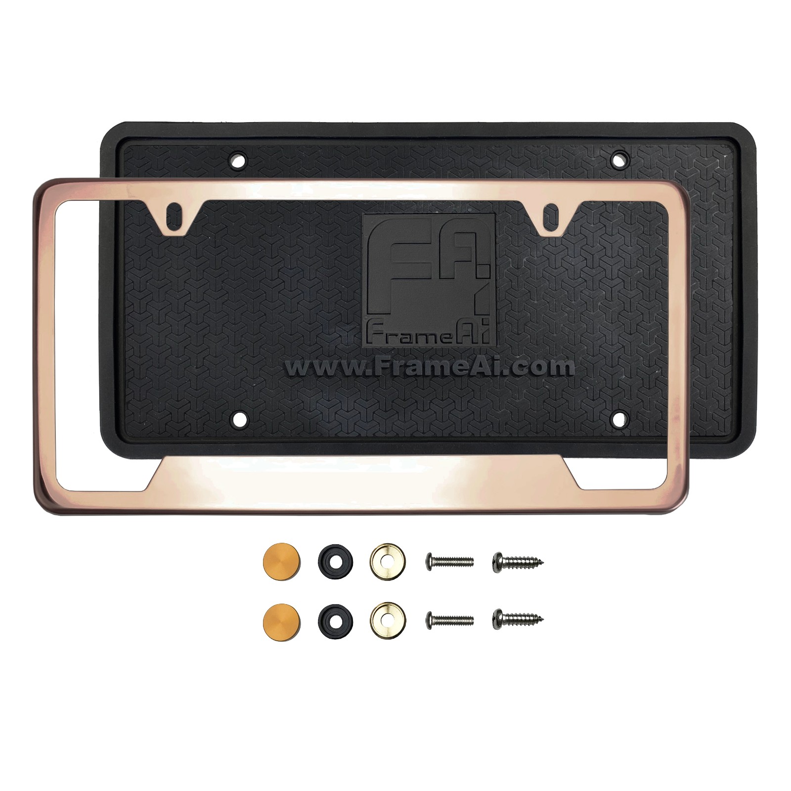Silicone back Guard Bottom Cut Out license plate holder Rose Gold Chrome Polish Mirror License Plate Frame T304 Stainless Steel + Metal Screw Caps