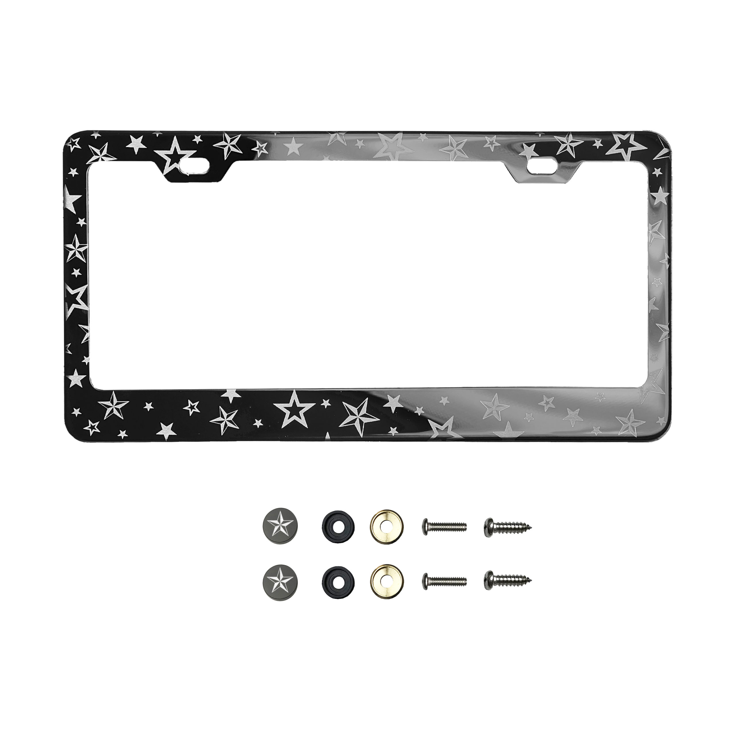 FAI Frame Ai Nautical Stars Pattern Laser Engraved Etched – T304 Stainless Steel License Plate Frame Holder Bracket with Metal Screw Caps – Black Smoke Chrome