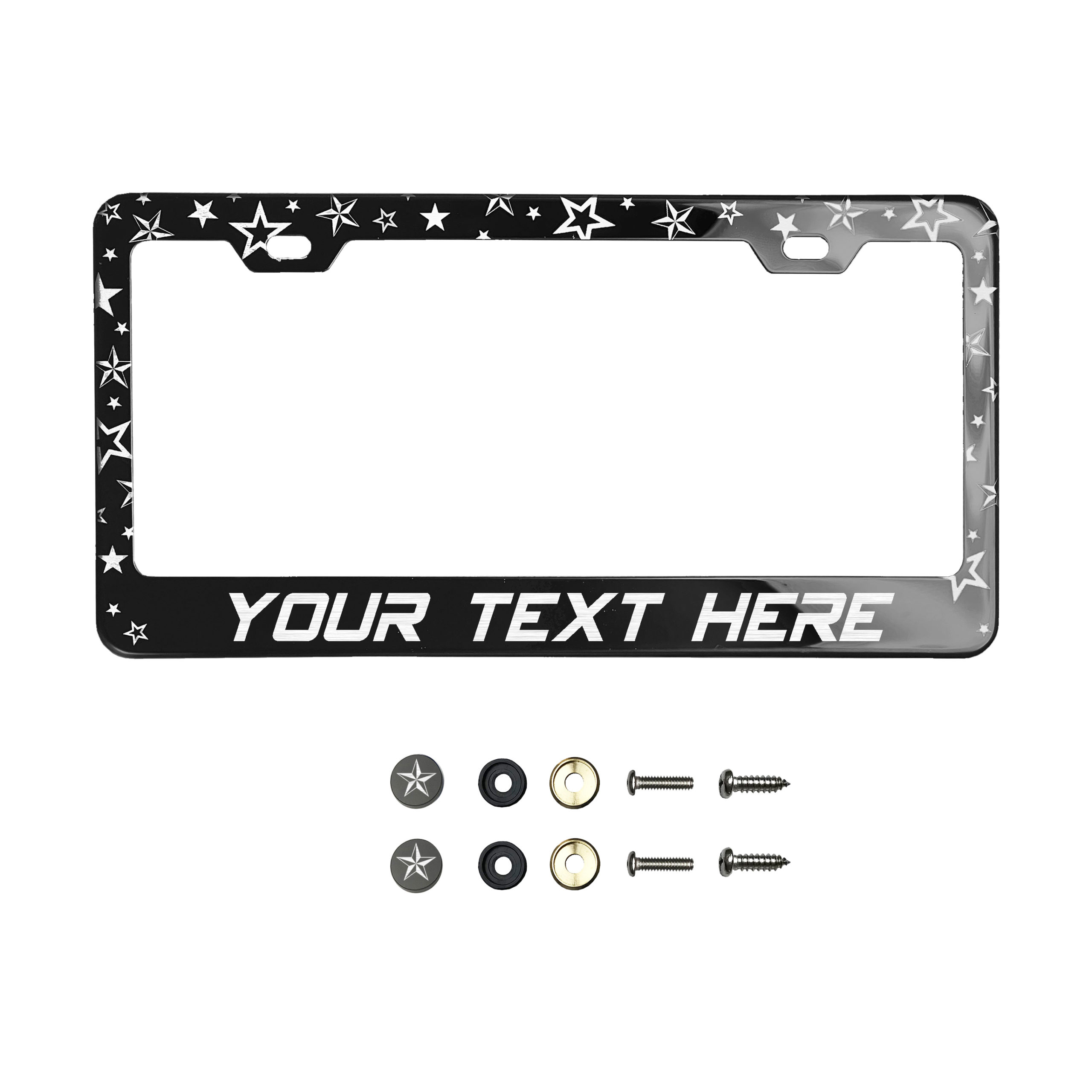 FAI Frame Ai Nautical Stars Pattern Personalized Customized your own text Laser Engraved Etched – T304 Stainless Steel License Plate Frame Holder Bracket with Metal Screw Caps – Black Smoke Chrome