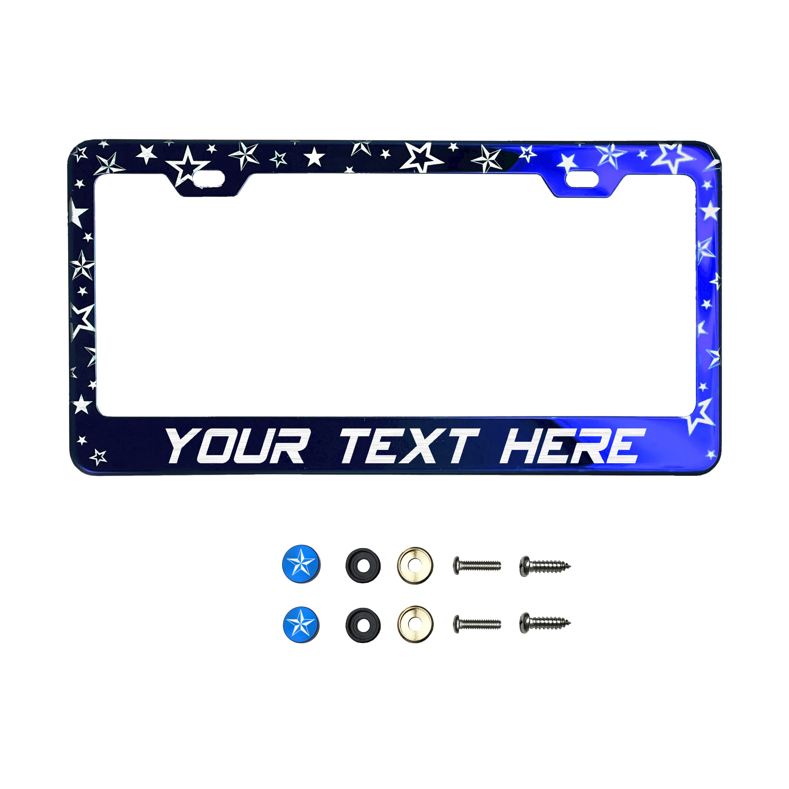 FAI Frame Ai Nautical Stars Pattern Personalized Customized your own text Laser Engraved Etched – T304 Stainless Steel License Plate Frame Holder Bracket with Metal Screw Caps – Blue Chrome