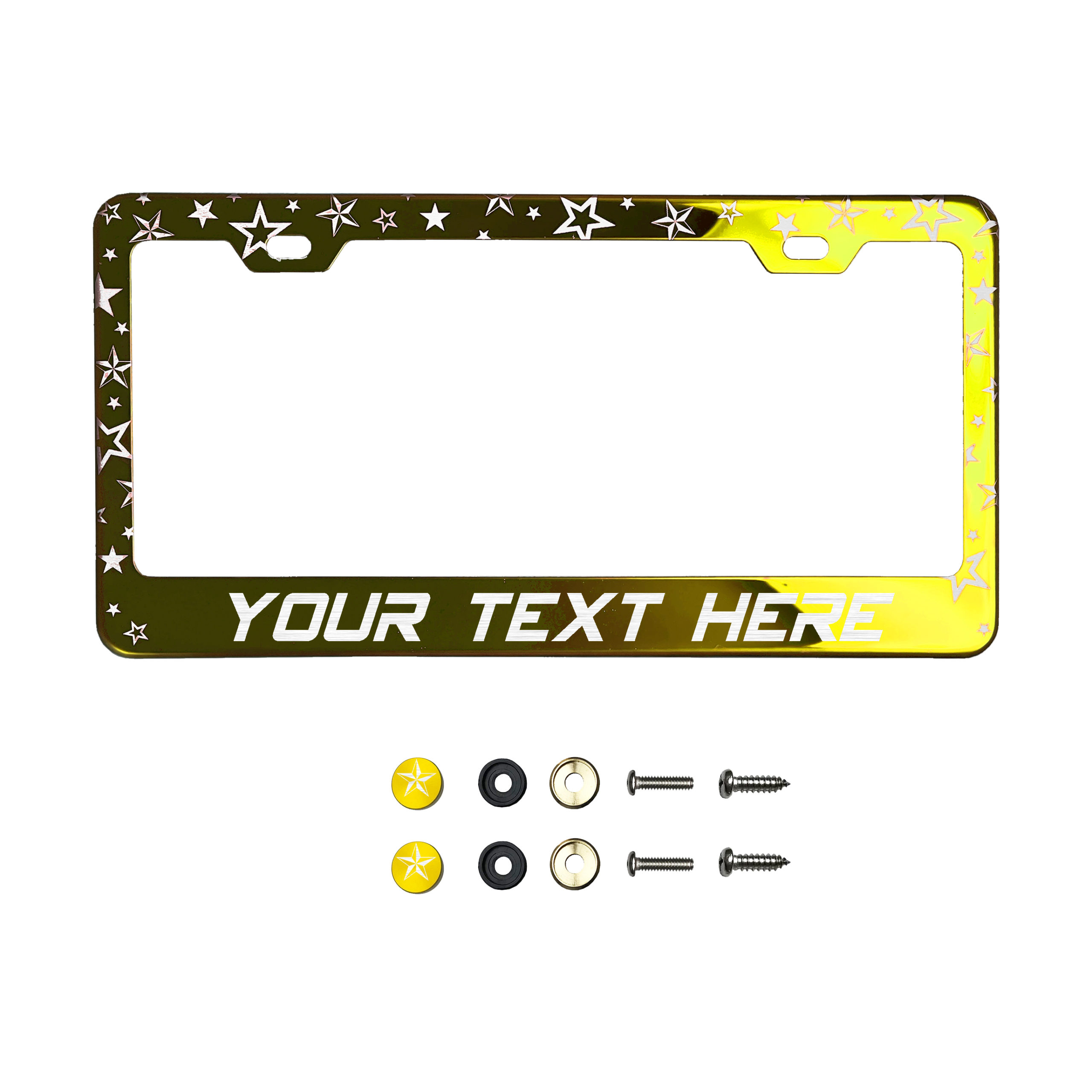FAI Frame Ai Nautical Stars Pattern Personalized Customized your own text Laser Engraved Etched – T304 Stainless Steel License Plate Frame Holder Bracket with Metal Screw Caps – Gold Chrome