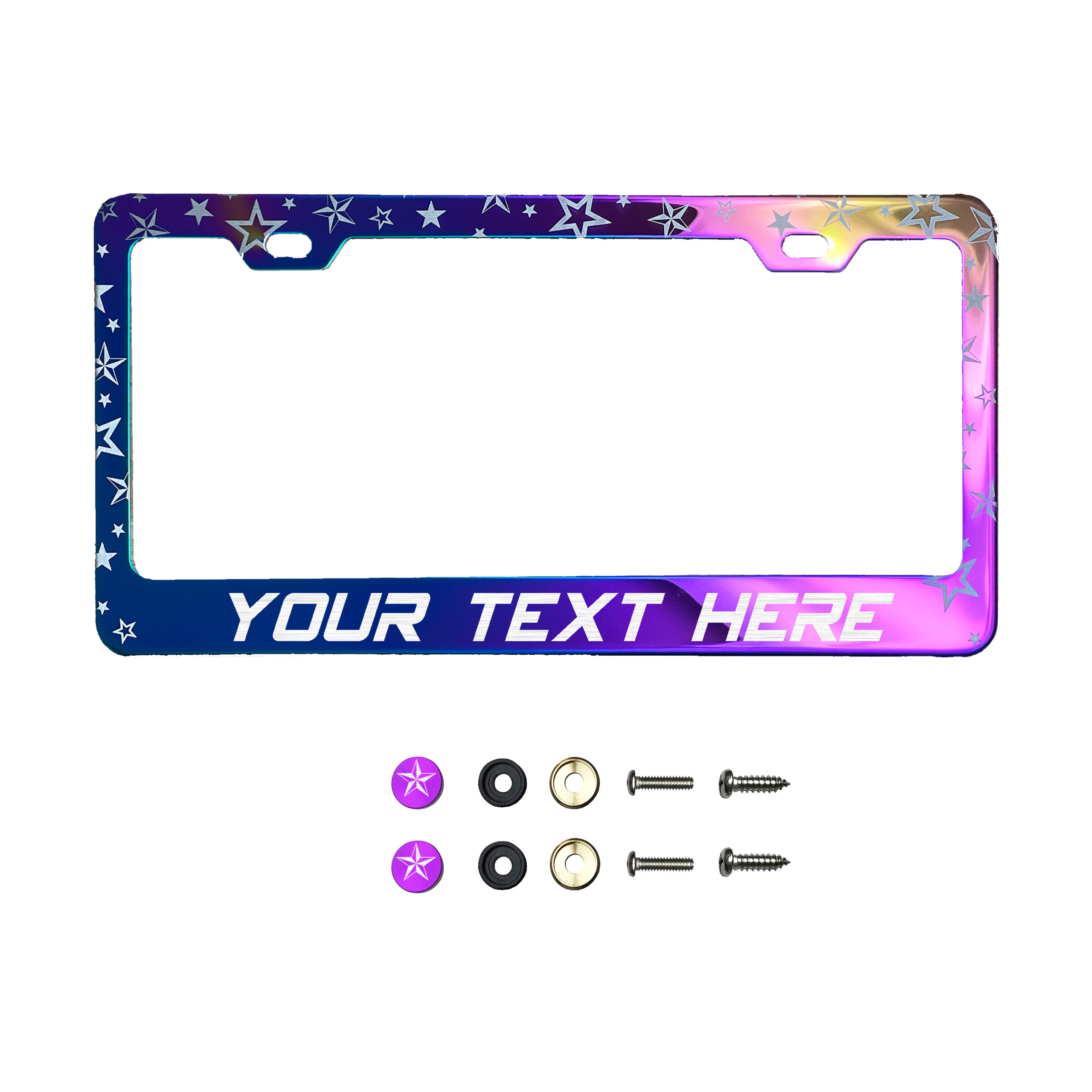FAI Frame Ai Nautical Stars Pattern Personalized Customized your own text Laser Engraved Etched – T304 Stainless Steel License Plate Frame Holder Bracket with Metal Screw Caps – Neo Chrome