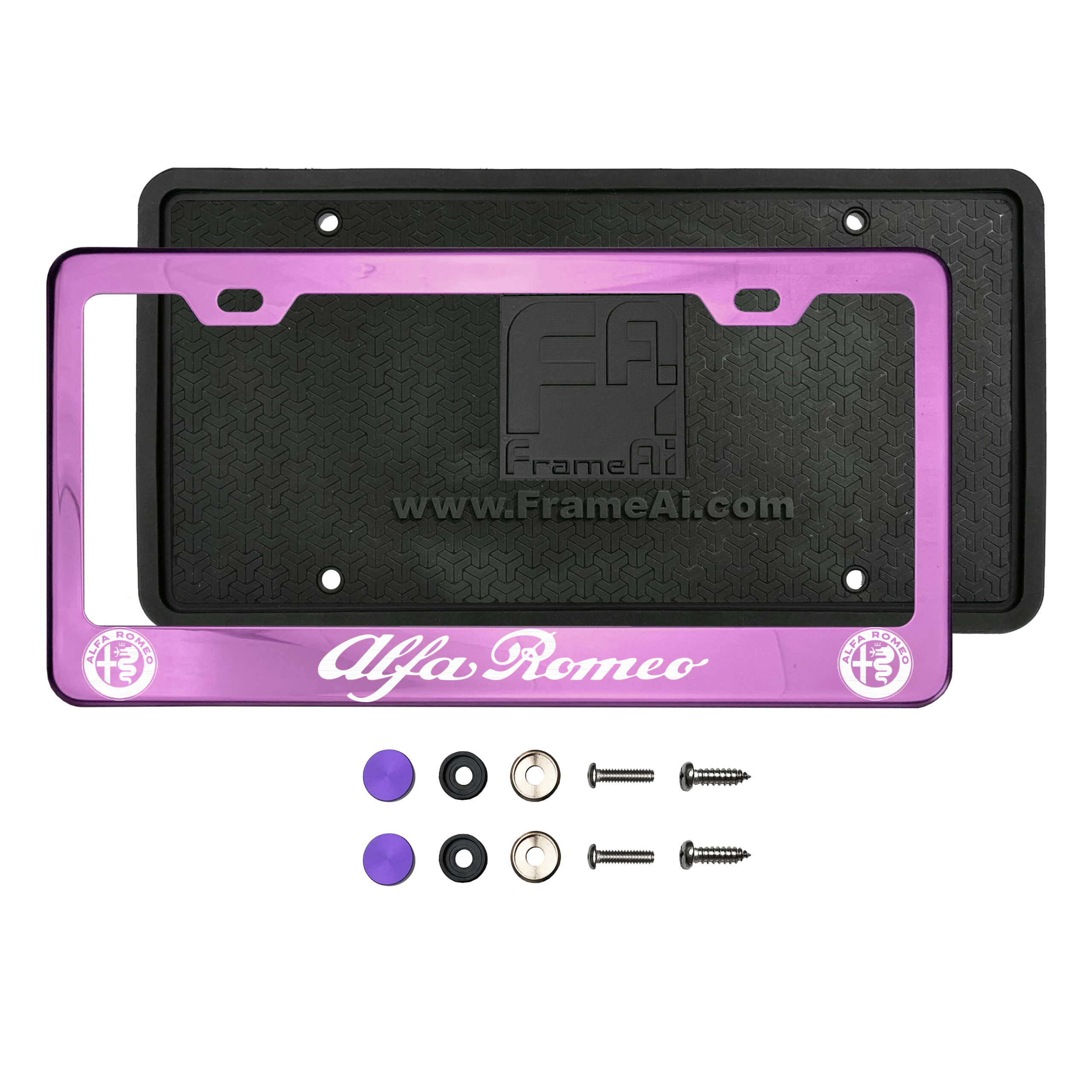 FrameAi Laser Etching Customize Pink Chrome License Plate Frame Compatible with Alfa Romeo 4C T304 Stainless Steel + Metal Screw Caps